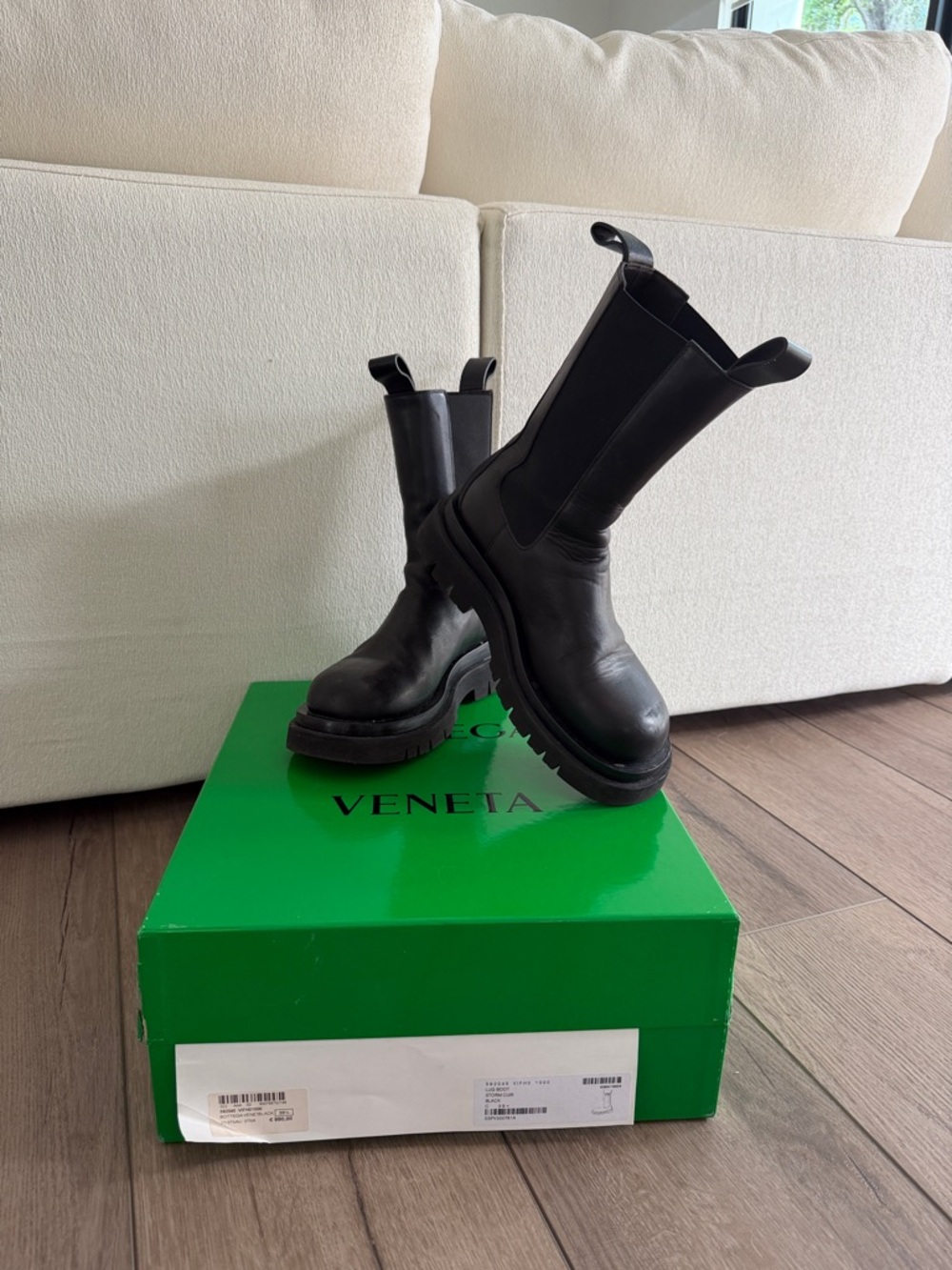 Bottega Veneta Black Leather Lug Sole Lace-Up Boots